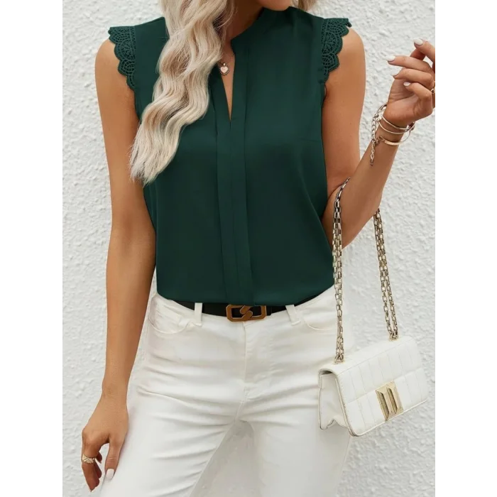 Kadın Kısa Dantel Kollu Hakim Yaka Ithal Krep Bluz