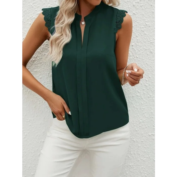 Kadın Kısa Dantel Kollu Hakim Yaka Ithal Krep Bluz