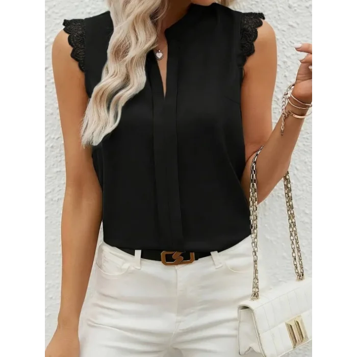 Kadın Kısa Dantel Kollu Hakim Yaka Ithal Krep Bluz