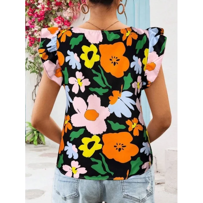 Kadın Kısa Fırfır Kollu Kare Yaka çiçek Desenli Ithal Keten Bluz