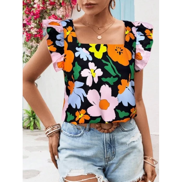 Kadın Kısa Fırfır Kollu Kare Yaka çiçek Desenli Ithal Keten Bluz
