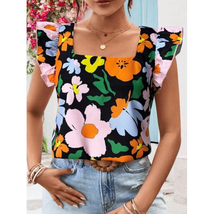 Kadın Kısa Fırfır Kollu Kare Yaka çiçek Desenli Ithal Keten Bluz