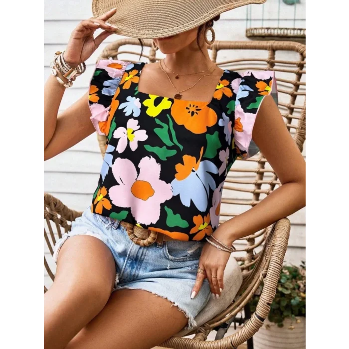 Kadın Kısa Fırfır Kollu Kare Yaka çiçek Desenli Ithal Keten Bluz