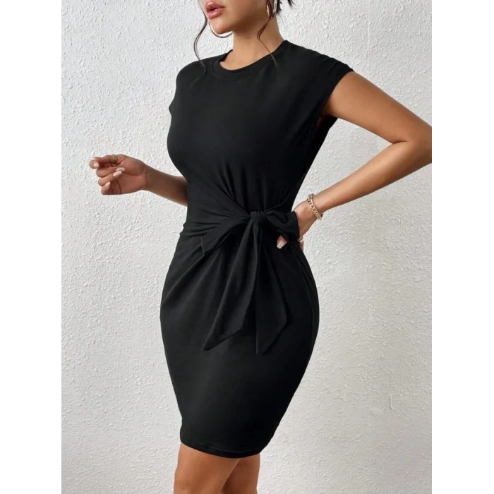 Kadın Kısa Kap Kollu Bisiklet Yaka Belden Bağlamalı Modal Mini Elbise