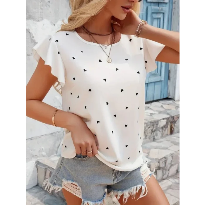 Kadın Kısa Kelebek Kollu Bisiklet Yaka Kalp Desenli Süprem Bluz