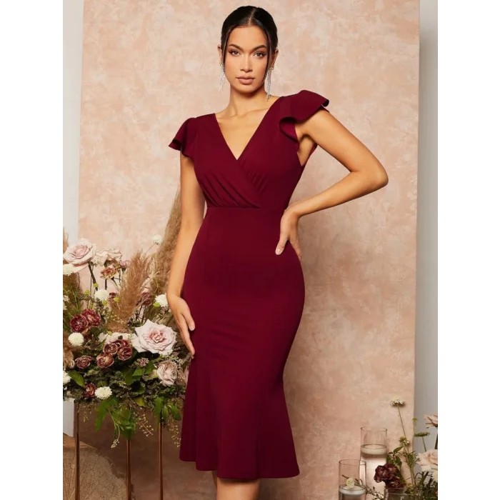 Kadın Kısa Kelebek Kollu Kruvaze Yaka Ithal Krep Midi Elbise