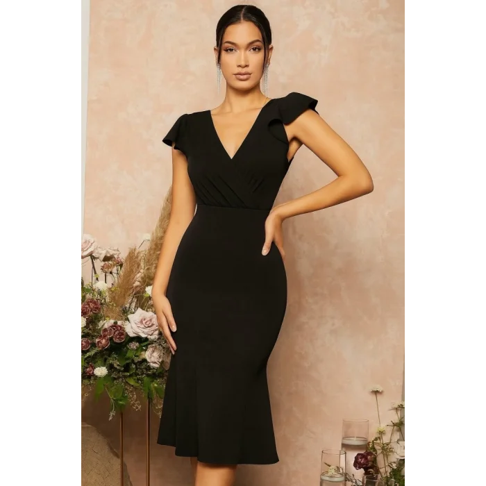 Kadın Kısa Kelebek Kollu Kruvaze Yaka Ithal Krep Midi Elbise