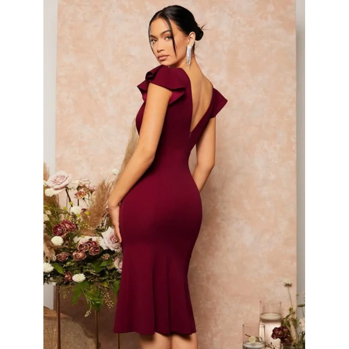 Kadın Kısa Kelebek Kollu Kruvaze Yaka Ithal Krep Midi Elbise