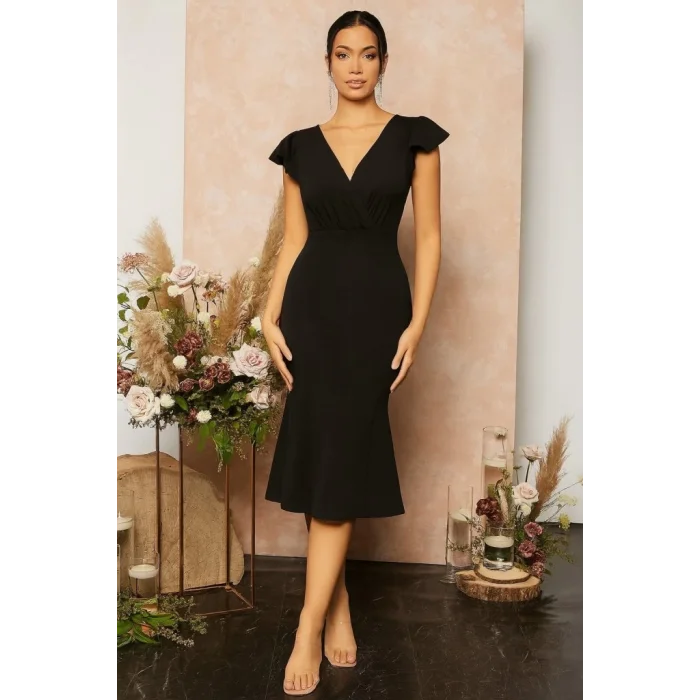 Kadın Kısa Kelebek Kollu Kruvaze Yaka Ithal Krep Midi Elbise