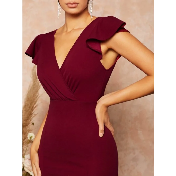 Kadın Kısa Kelebek Kollu Kruvaze Yaka Ithal Krep Midi Elbise