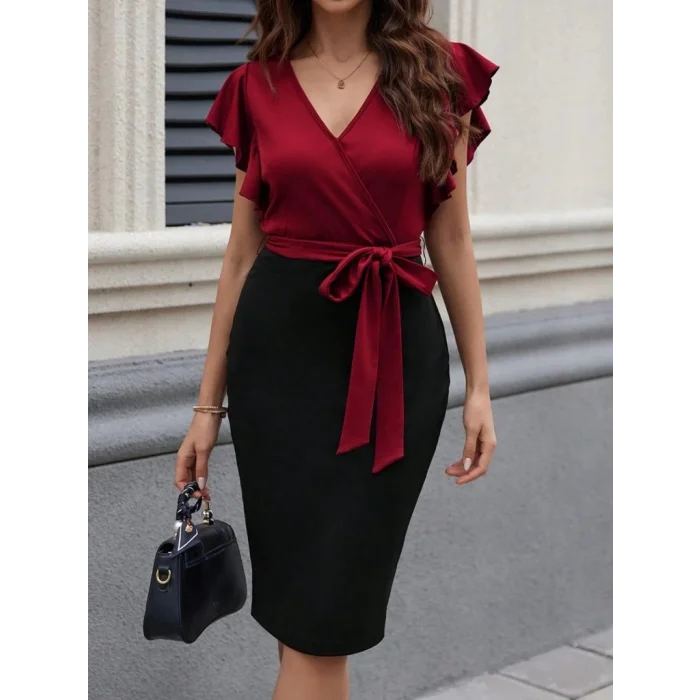 Kadın Kısa Kelebek Kollu Kruvaze Yakalı çift Renkli Kuşaklı Ithal Krep Elbise