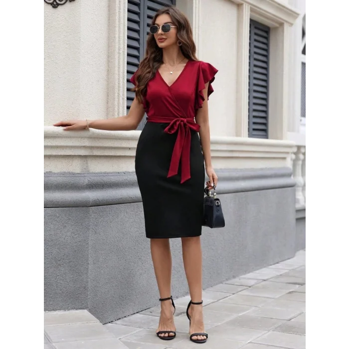 Kadın Kısa Kelebek Kollu Kruvaze Yakalı çift Renkli Kuşaklı Ithal Krep Elbise