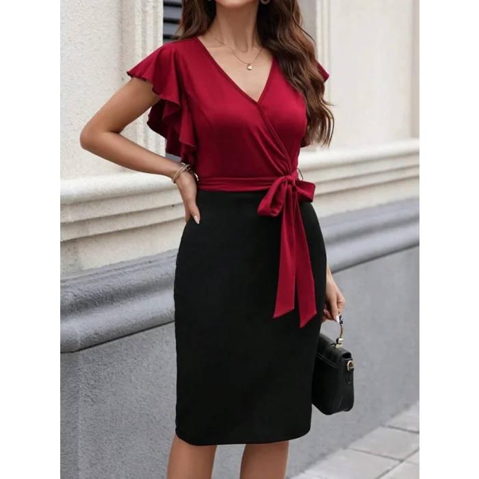 Kadın Kısa Kelebek Kollu Kruvaze Yakalı çift Renkli Kuşaklı Ithal Krep Elbise