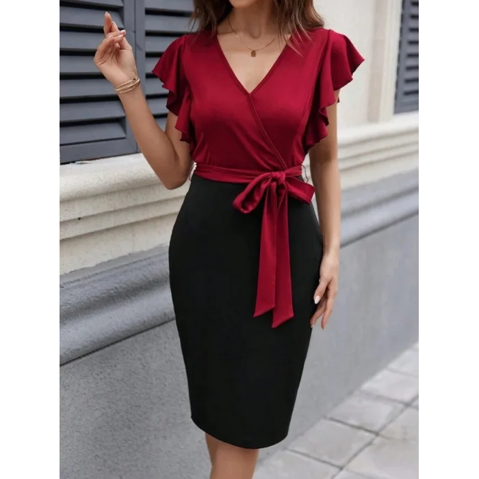 Kadın Kısa Kelebek Kollu Kruvaze Yakalı çift Renkli Kuşaklı Ithal Krep Elbise