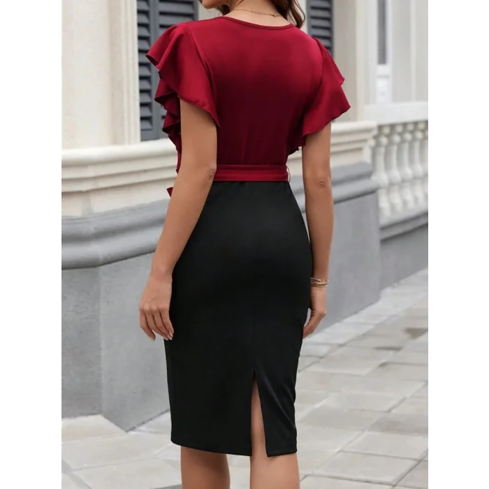 Kadın Kısa Kelebek Kollu Kruvaze Yakalı çift Renkli Kuşaklı Ithal Krep Elbise