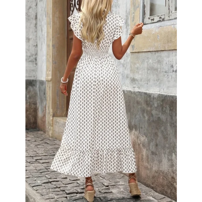 Kadın Kısa Kelebek Kollu Kruvaze Yakalı Desenli Süprem Elbise