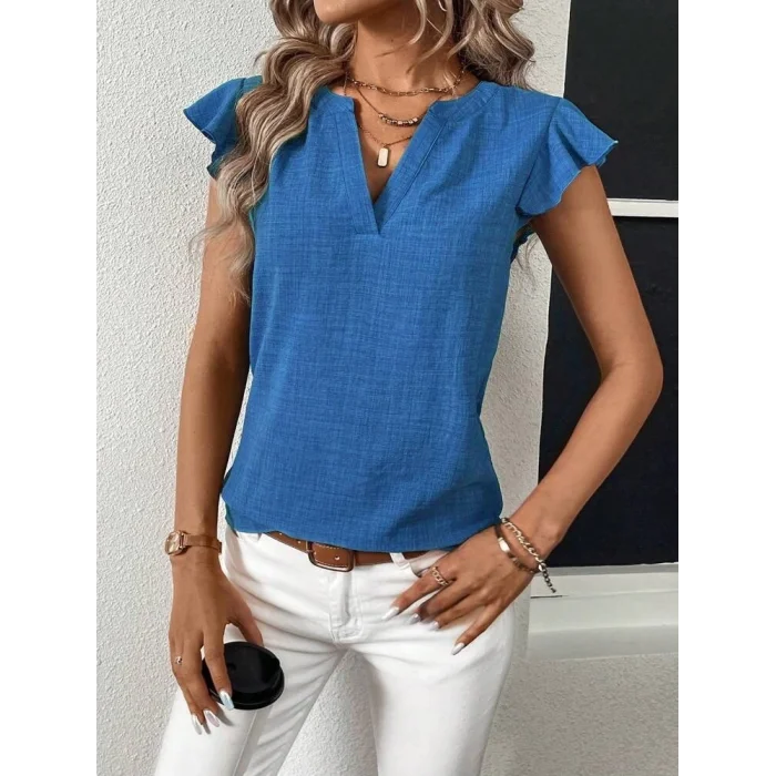 Kadın Kısa Kelebek Kollu V Yakalı Bluz
