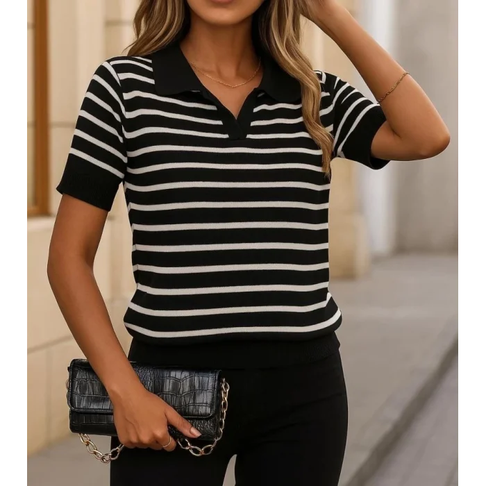 Kadın Kısa Kol Polo Yaka çizgi Desen Triko Bluz