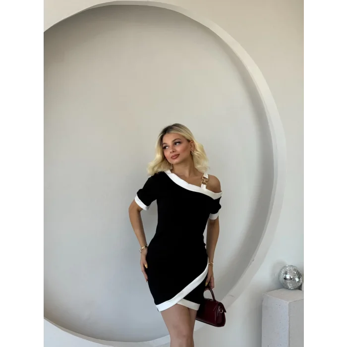 Kadın Kısa Kollu Asimetrik Kesim Yaka şerit Ve Aksesuar Detaylı Modal Elbise