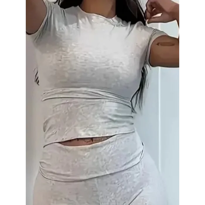 Kadın Kısa Kollu Bisiklet Yaka Alt Ispanyol Paça Viskon Ikili Takım