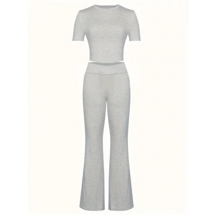 Kadın Kısa Kollu Bisiklet Yaka Alt Ispanyol Paça Viskon Ikili Takım