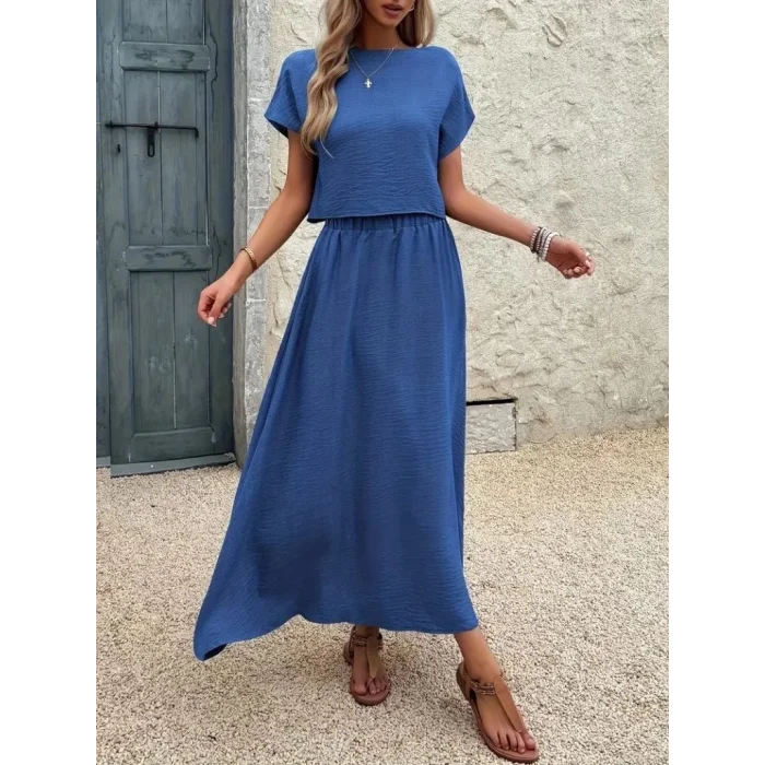 Kadın Kısa Kollu Bisiklet Yaka Bluz Etekli Ithal Keten Ikili Takım