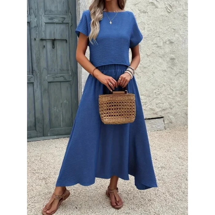 Kadın Kısa Kollu Bisiklet Yaka Bluz Etekli Ithal Keten Ikili Takım