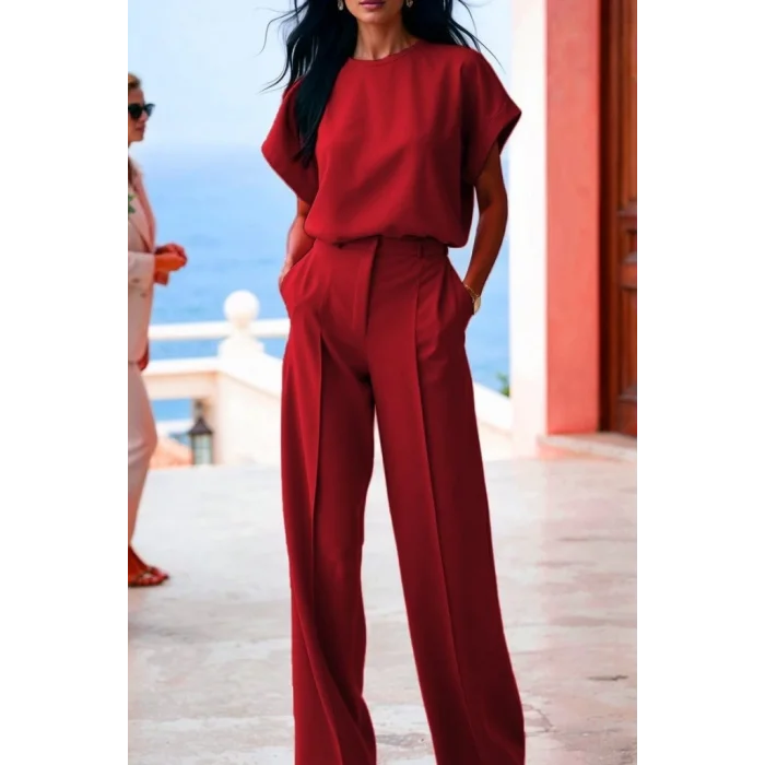 Kadın Kısa Kollu Bisiklet Yaka Bluz Yüksek Bel Cep Detaylı Pantolon Atlas Ikili Takım