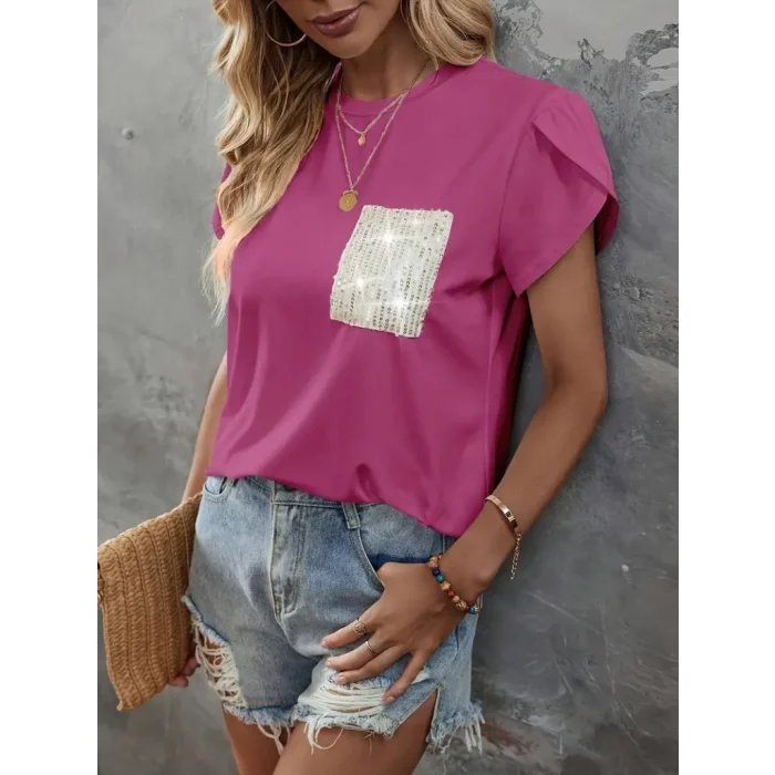 Kadın Kısa Kollu Bisiklet Yaka Cep Pul Payet Detay Viskon Bluz