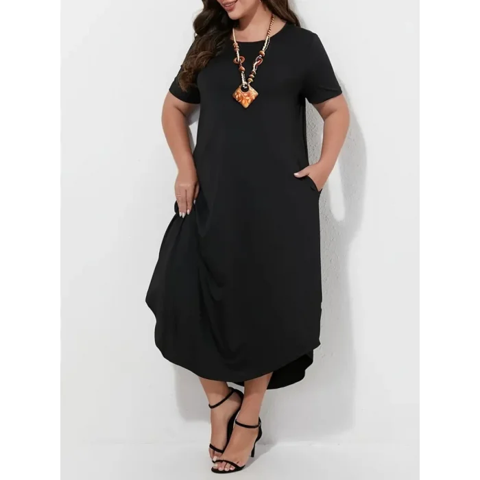 Kadın Kısa Kollu Bisiklet Yaka Cepli Salaş Viskon Elbise