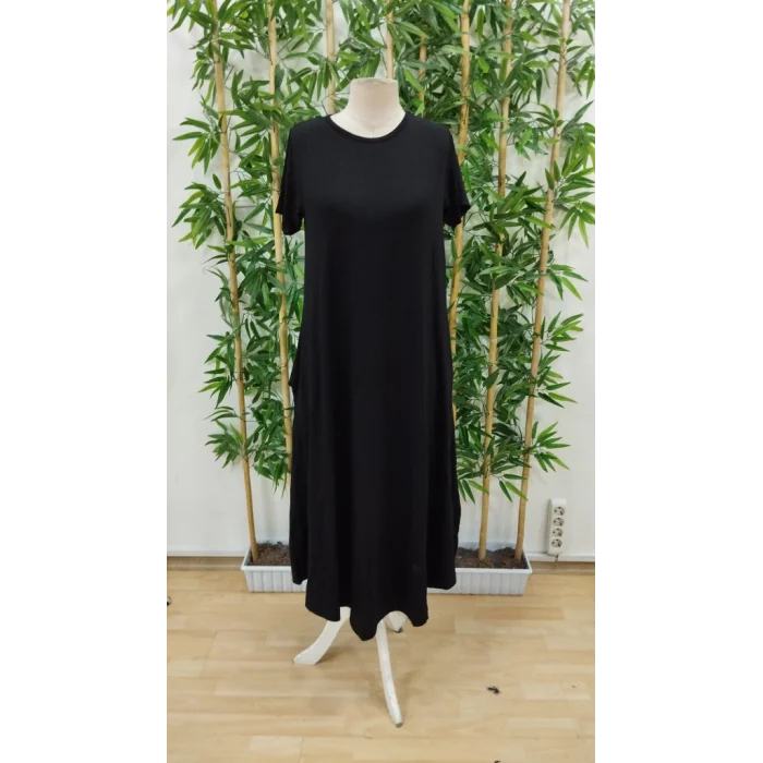 Kadın Kısa Kollu Bisiklet Yaka Cepli Salaş Viskon Elbise