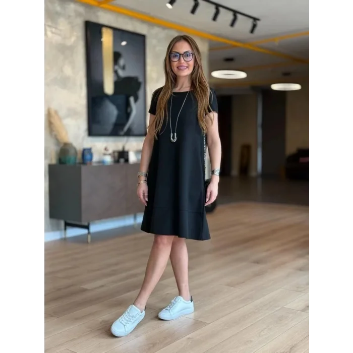 Kadın Kısa Kollu Bisiklet Yaka Cepli Viskon Iki Iplik Elbise