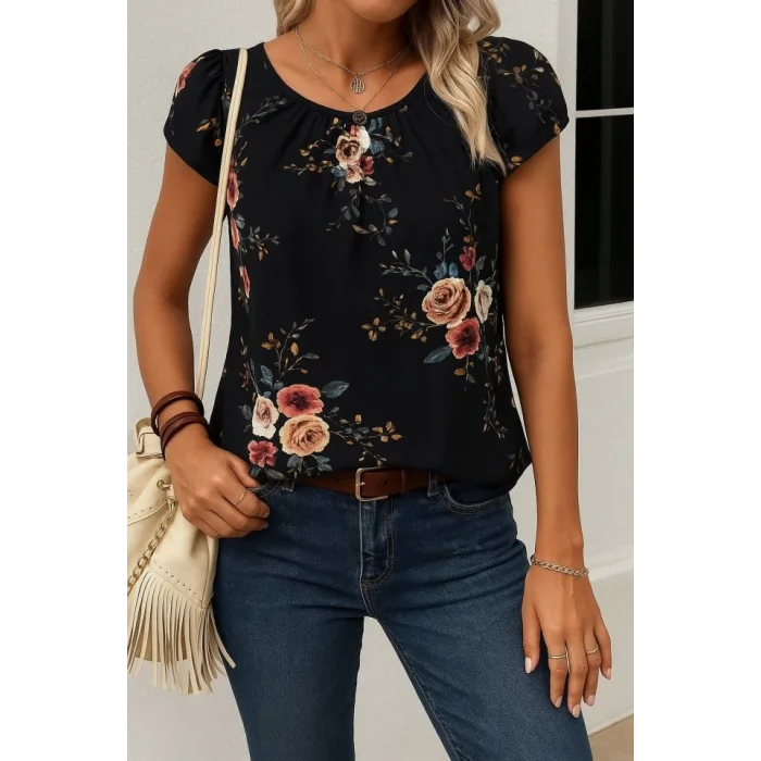 Kadın Kısa Kollu Bisiklet Yaka çiçek Baskılı Süprem Bluz
