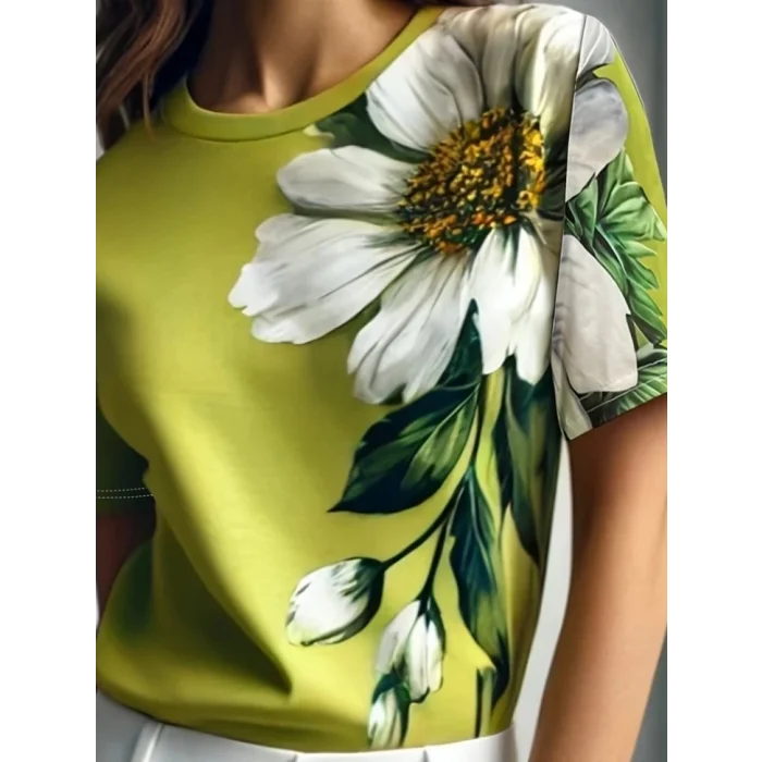 Kadın Kısa Kollu Bisiklet Yaka çiçek Baskılı Süprem Bluz