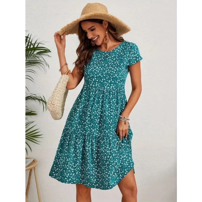 Kadın Kısa Kollu Bisiklet Yaka çiçek Desenli Süprem Elbise