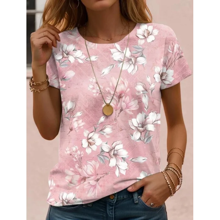 Kadın Kısa Kollu Bisiklet Yaka çiçek Desenli Viskon Bluz