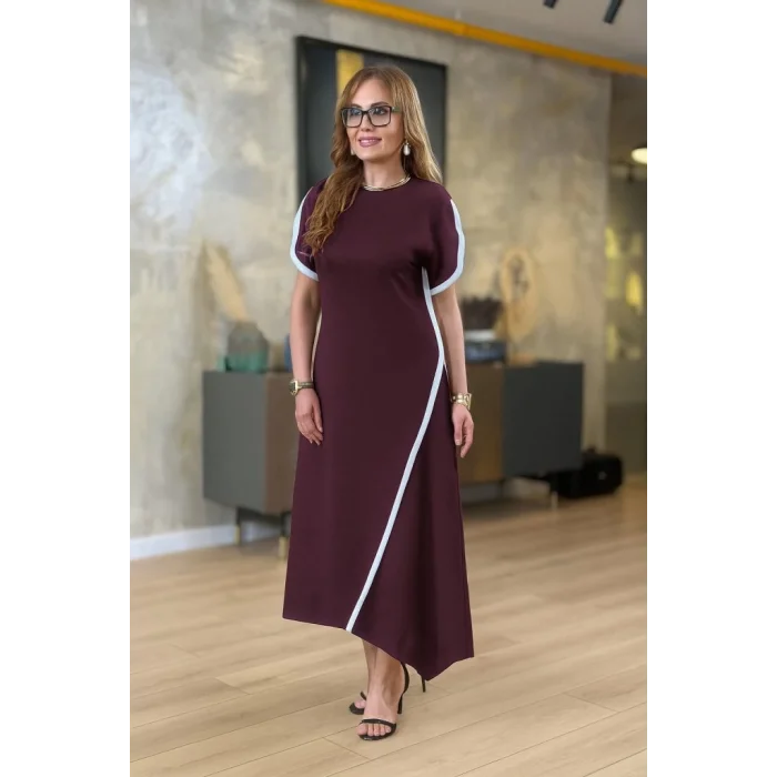 Kadın Kısa Kollu Bisiklet Yaka çift şerit Renk Detaylı Asimetrik Kesim Viskon Iki Iplik Elbise