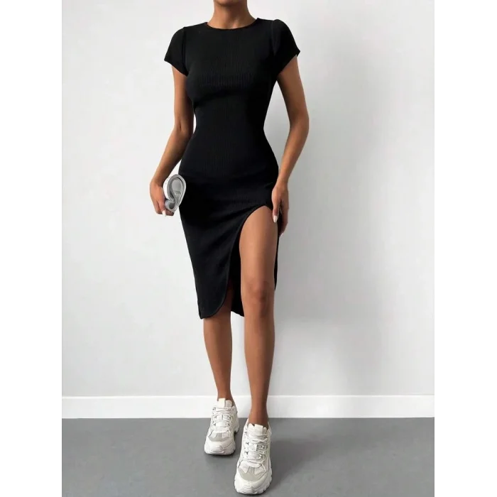 Kadın Kısa Kollu Bisiklet Yaka Derin Yırtmaçlı Kaşkorse Elbise