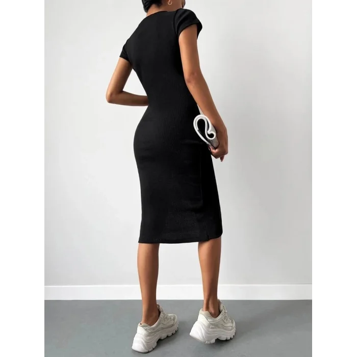 Kadın Kısa Kollu Bisiklet Yaka Derin Yırtmaçlı Kaşkorse Elbise