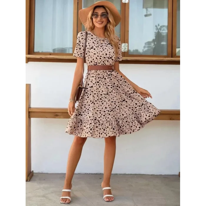 Kadın Kısa Kollu Bisiklet Yaka Desenli Süprem Elbise