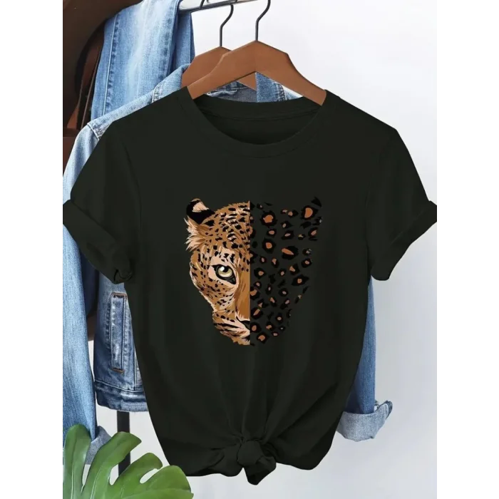 Kadın Kısa Kollu Bisiklet Yaka Desenli Viskon Bluz