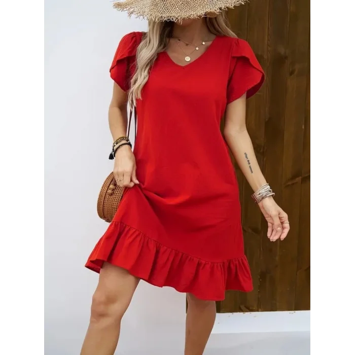 Kadın Kısa Kollu Bisiklet Yaka Fırfırlı Aerobin Elbise