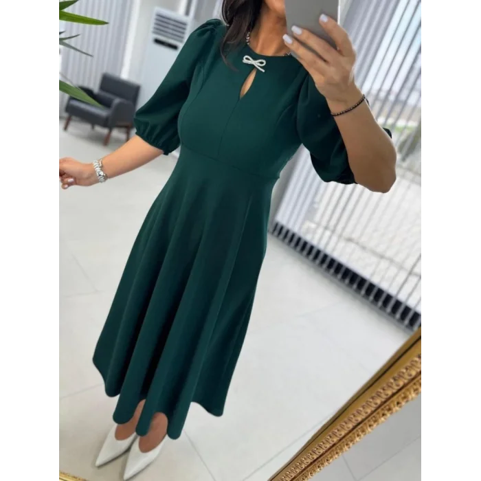 Kadın Kısa Kollu Bisiklet Yaka Fiyonk Broşlu Midi Janjan Krep Elbise