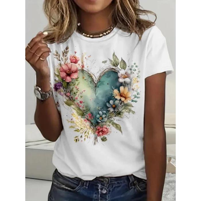 Kadın Kısa Kollu Bisiklet Yaka Kalp Desenli Süprem Bluz