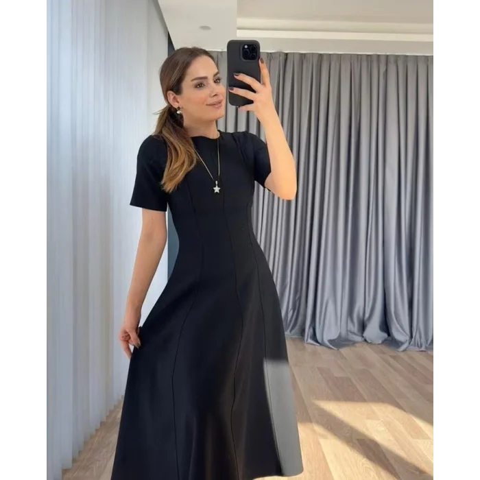 Kadın Kısa Kollu Bisiklet Yaka Maksi Boy Ithal Krep Elbise