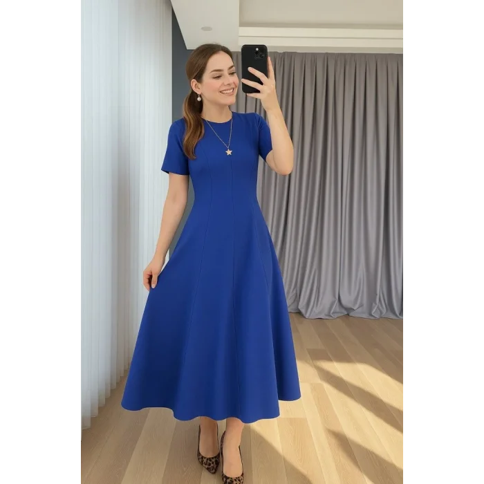 Kadın Kısa Kollu Bisiklet Yaka Maksi Boy Ithal Krep Elbise