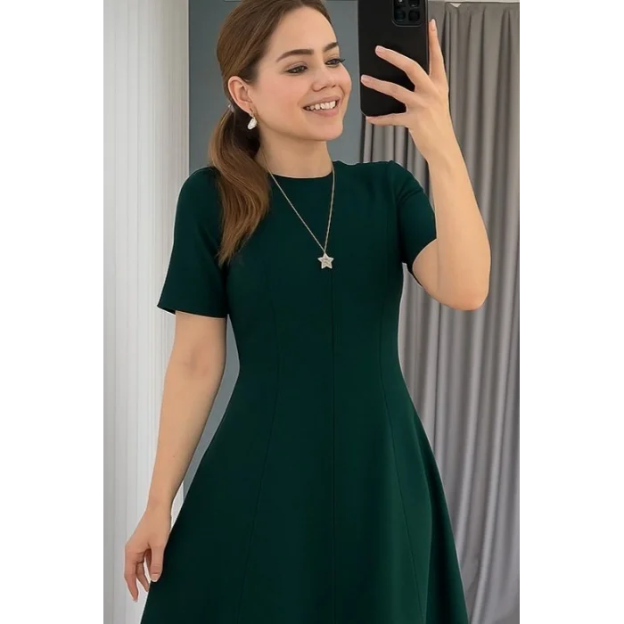 Kadın Kısa Kollu Bisiklet Yaka Maksi Boy Ithal Krep Elbise