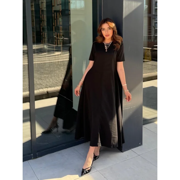 Kadın Kısa Kollu Bisiklet Yaka Maksi Boy Ithal Krep Elbise