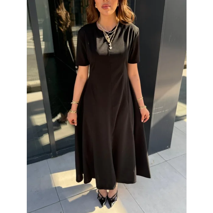 Kadın Kısa Kollu Bisiklet Yaka Maksi Boy Ithal Krep Elbise