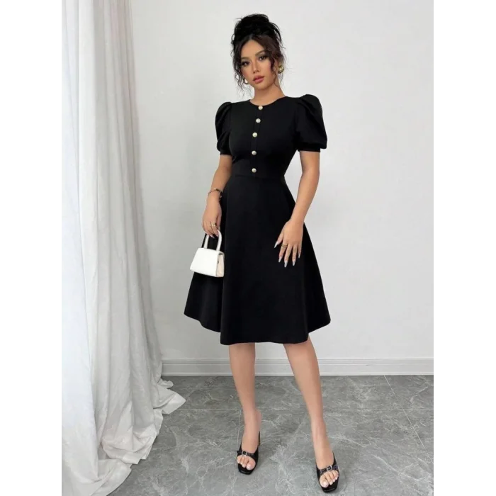 Kadın Kısa Kollu Bisiklet Yaka önden Düğmeli Ithal Krep Elbise